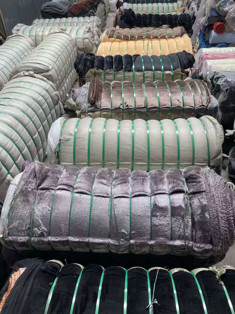 Bundled faux fur stock lots ready in the warehouse